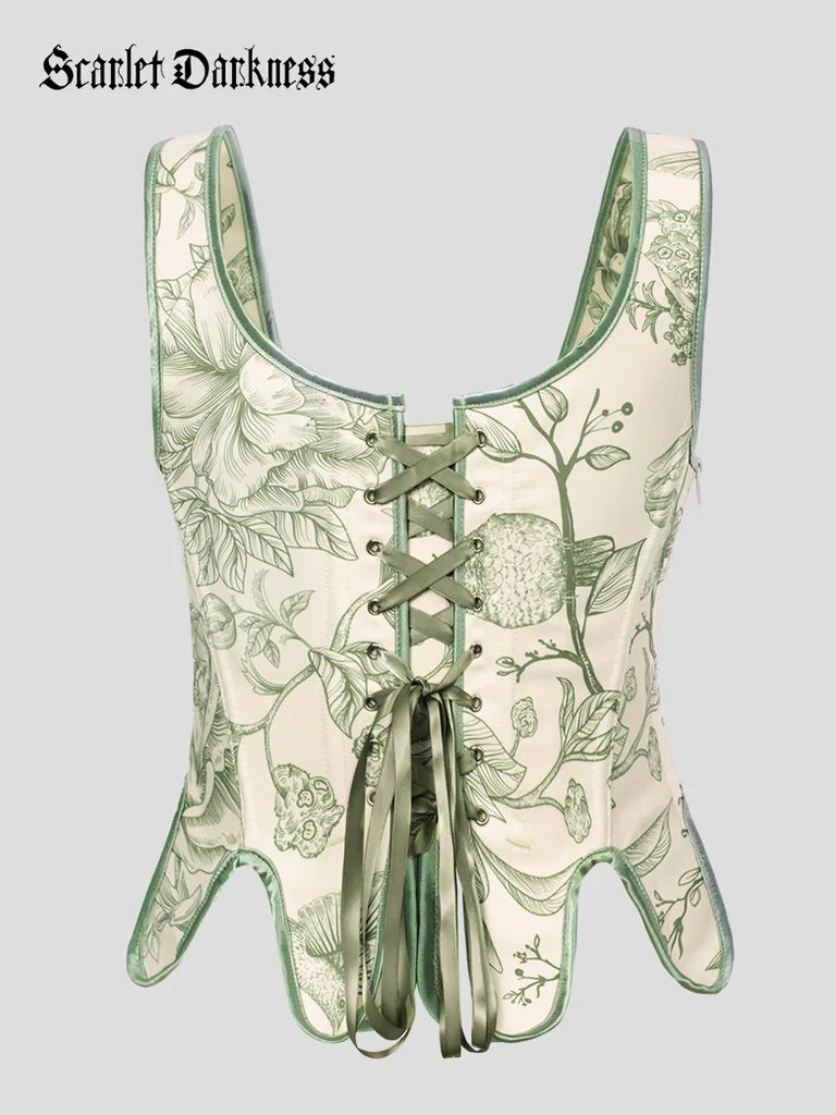 Fairy Cottagecore Corset Victorian Lace-up Irregular Hem Vest SCARLET DARKNESS