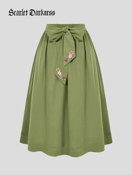 Embroidered Belt Elastic High Waist Flared Skirt with Pocket Scarlet Darkness