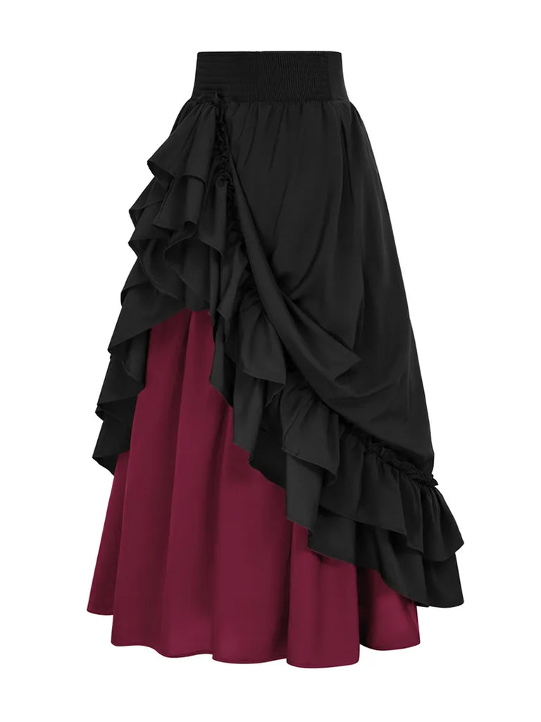 Victorian Dual Layer Ruffled Hem Back Adjustable Skirt SCARLET DARKNESS