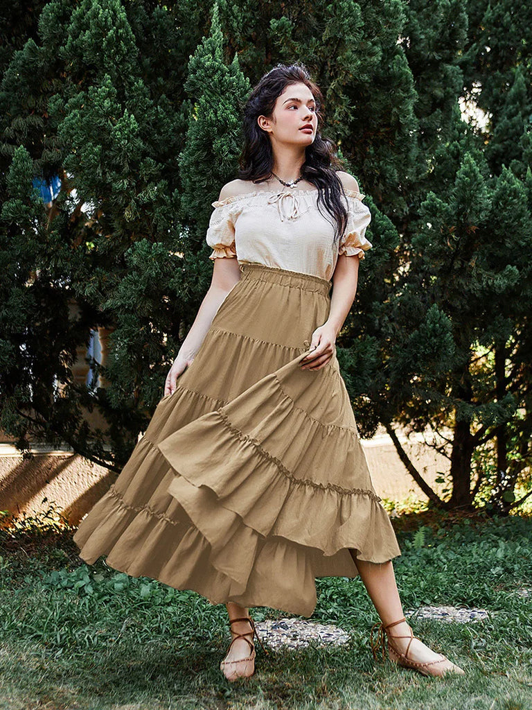 Women Renaissance Tiered Swing Comfy Skirt wIth Pocket SCARLET DARKNESS