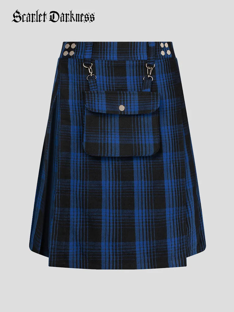 Scottish Mens Tartan Utility Kilt Pleated Midi Skirt with Bag SCARLET DARKNESS