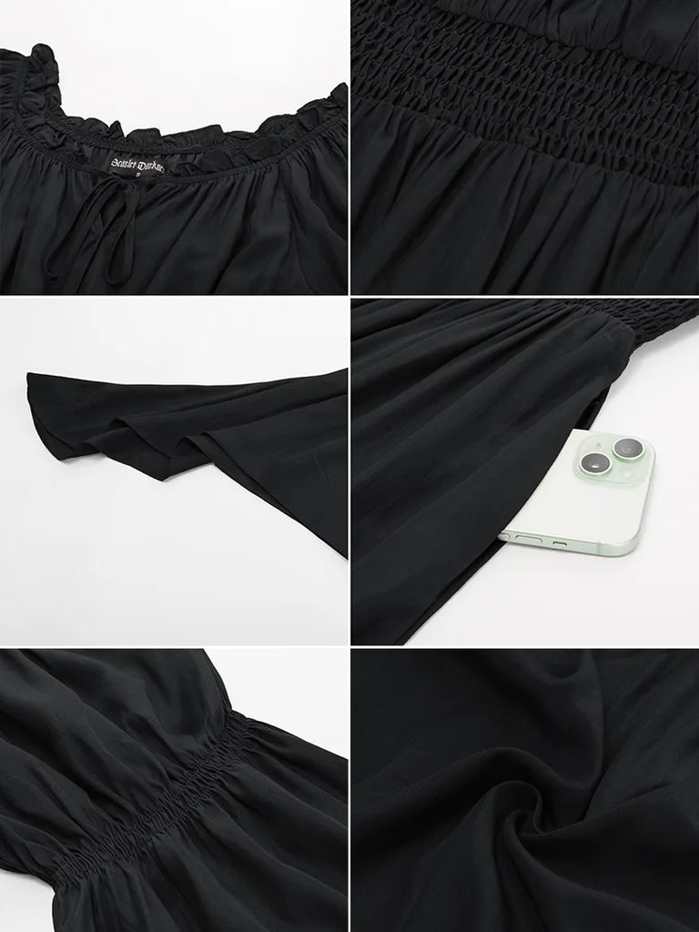 Women Tiered Maxi Dress Bell Sleeve Off-Shoulder Pocket Dress SCARLET DARKNESS