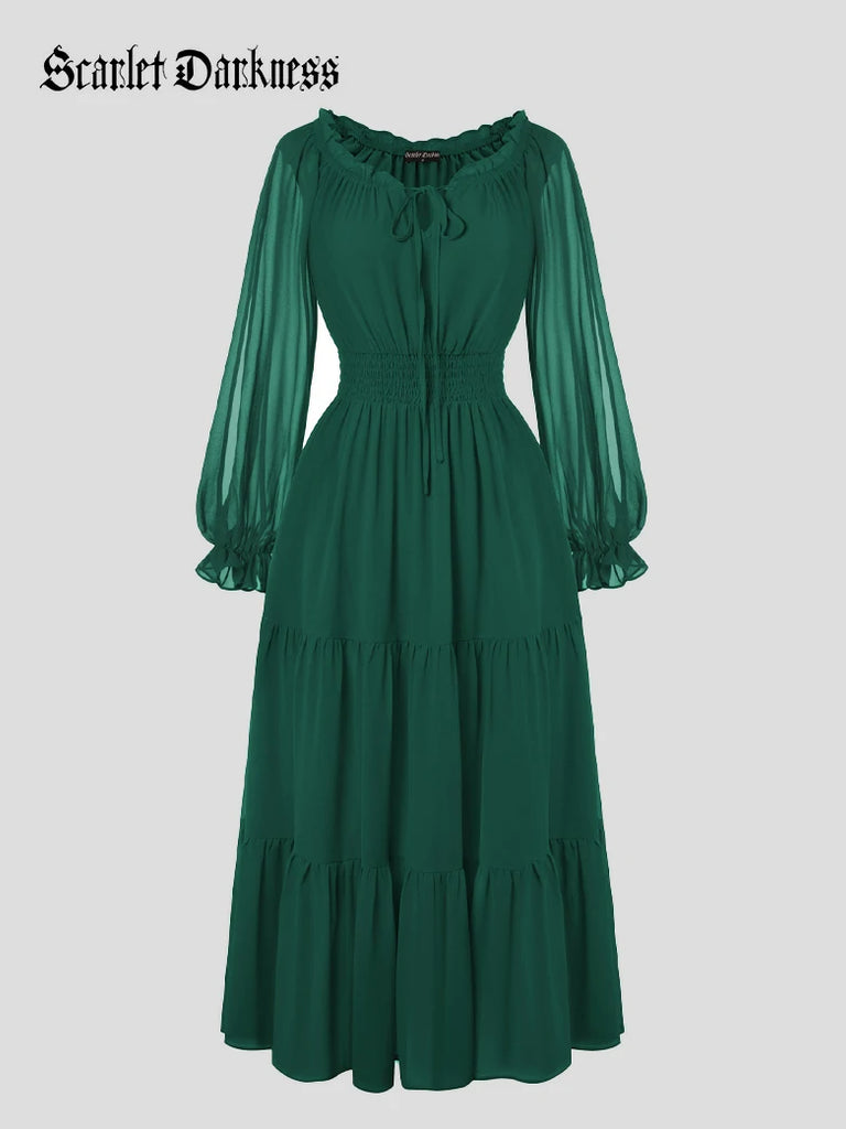 Scarlet Darkness Renaissance Chiffon Sleeve Elastic Waist Pocket Dress