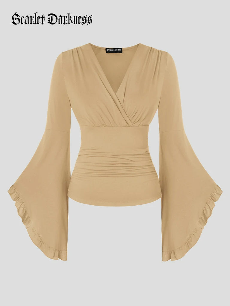 Scarlet Darkness Women Comfy Long Sleeve Surplice Witch Tops Brown