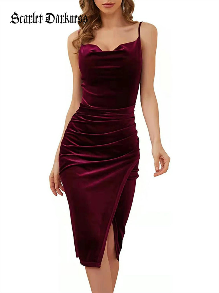 Scarlet Darkness Victorian Velvet Slit Pleated Bodycon Party Dress Wine