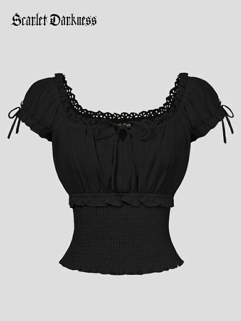 Scarlet Darkness 100% Cotton Renaissance Smocked Waist Tops Black