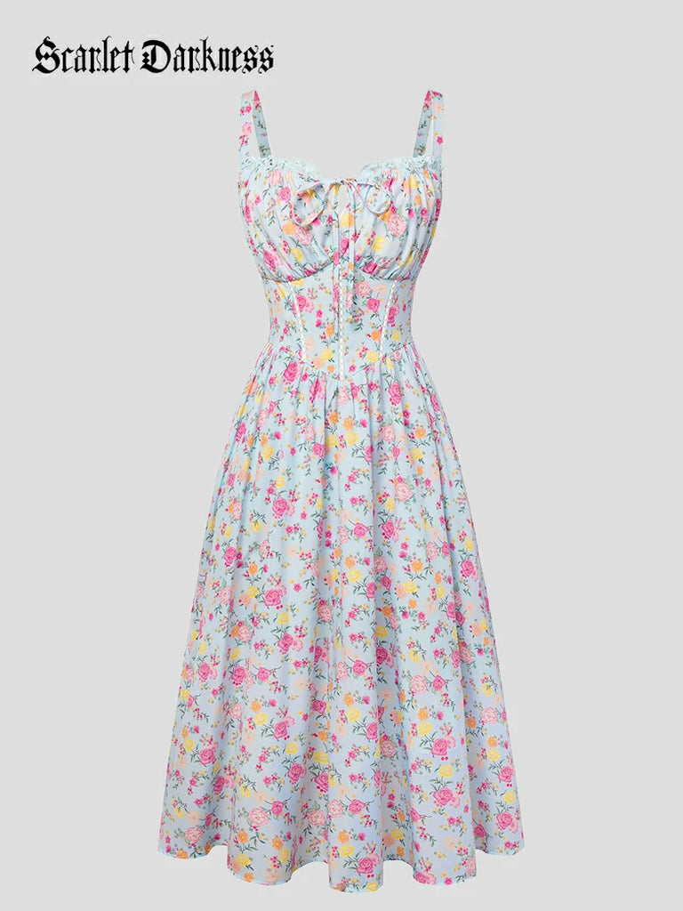 Scarlet Darkness Spring Victorian Floral Pockets Corset Milkmaid Dress Purple