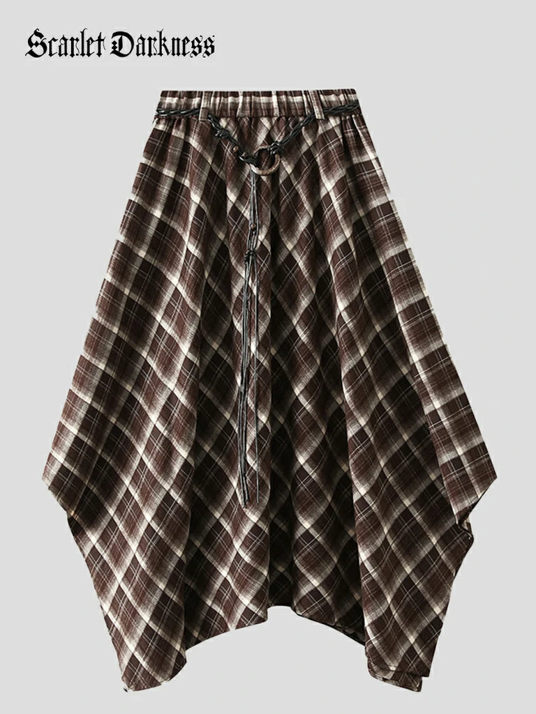 Scarlet Darkness 2025 Retro Plaid Irregular Midi Skirt with Tie Coffee 66-92cm 86cm