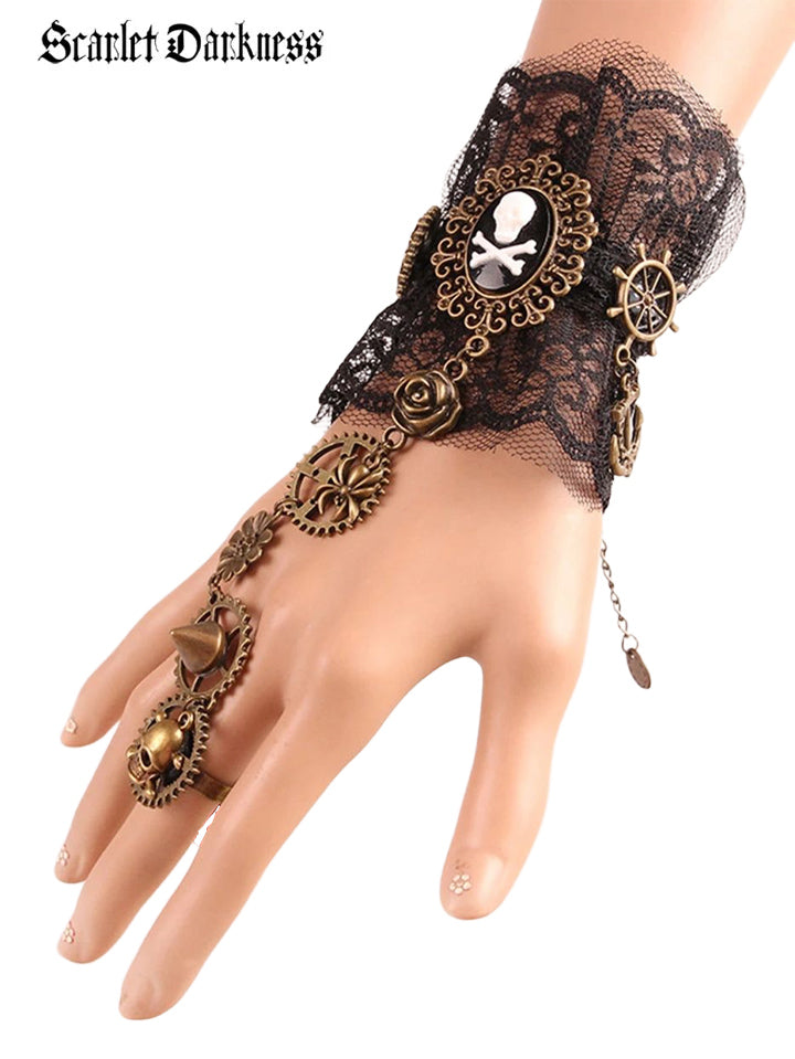 Scarlet Darkness Fierce and Feminine Hollow Gear Steampunk Skull Lace Bracelet 2