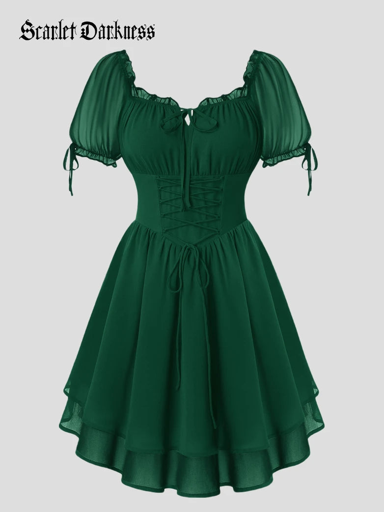Scarlet Darkness Renaissance Corset Puff Sleeves Mini Dress With Pocket Scarlet Darkness Renaissance Corset Puff Sleeves Mini Dress With Pocket