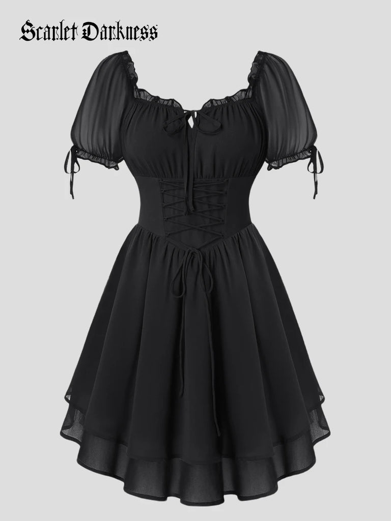 Renaissance Fantasy Fairy Dress Mini Puff Sleeves Pocket Corset Dress Black / S