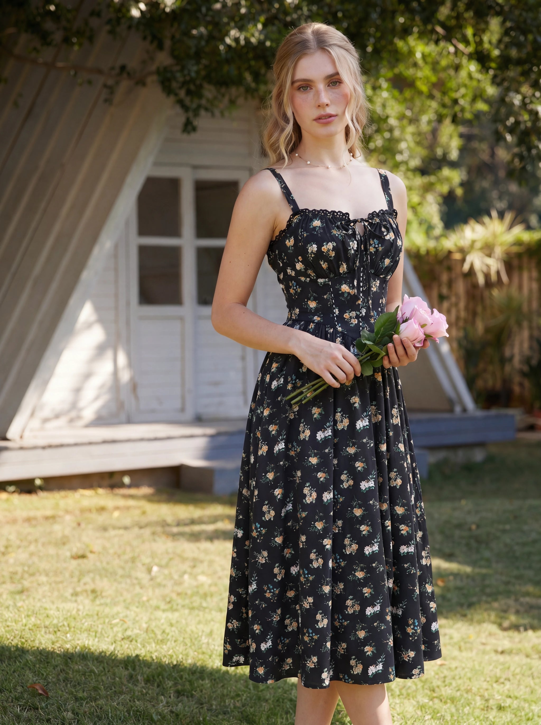 Scarlet Darkness Spring Victorian Floral Pockets Milkmaid Corset Dress