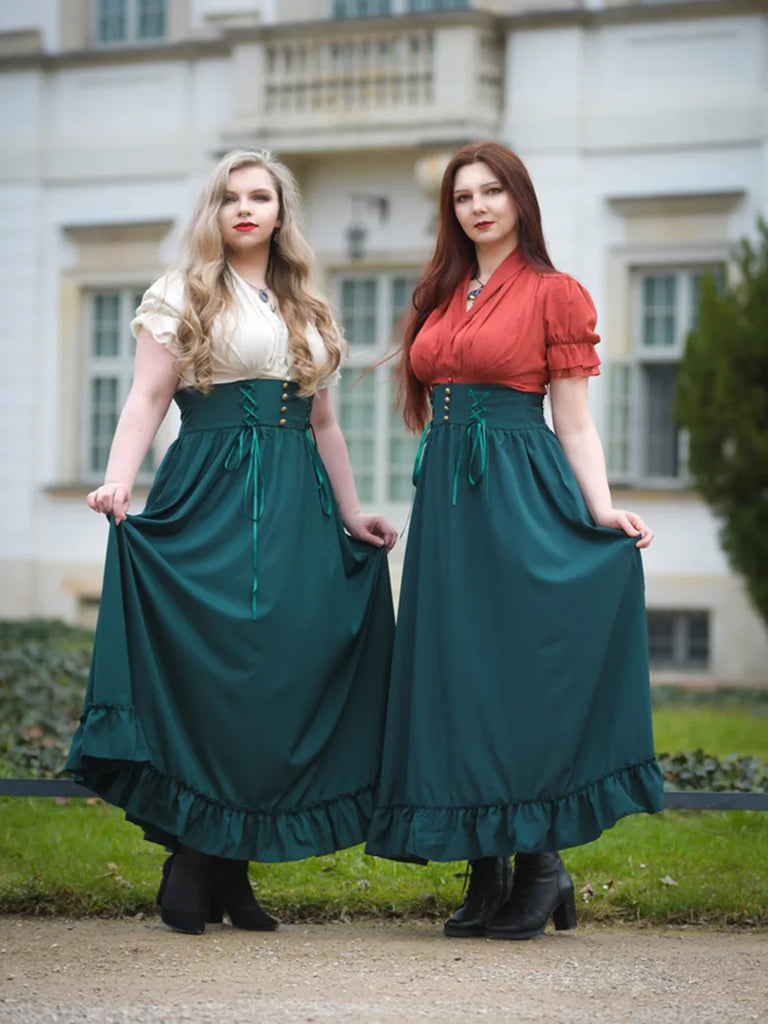Victorian Smocked Back Ruffled Hem Flared A-Line Skirt SCARLET DARKNESS