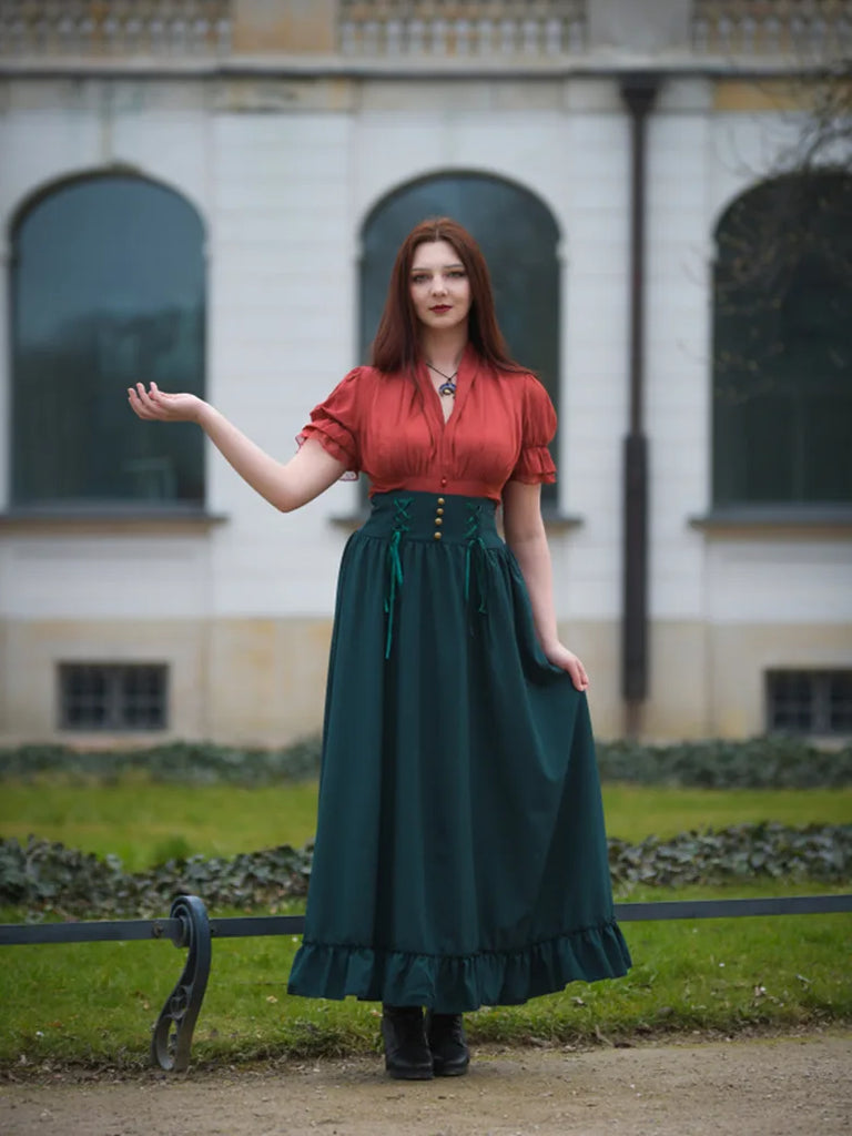 Victorian Smocked Back Ruffled Hem Flared A-Line Skirt SCARLET DARKNESS