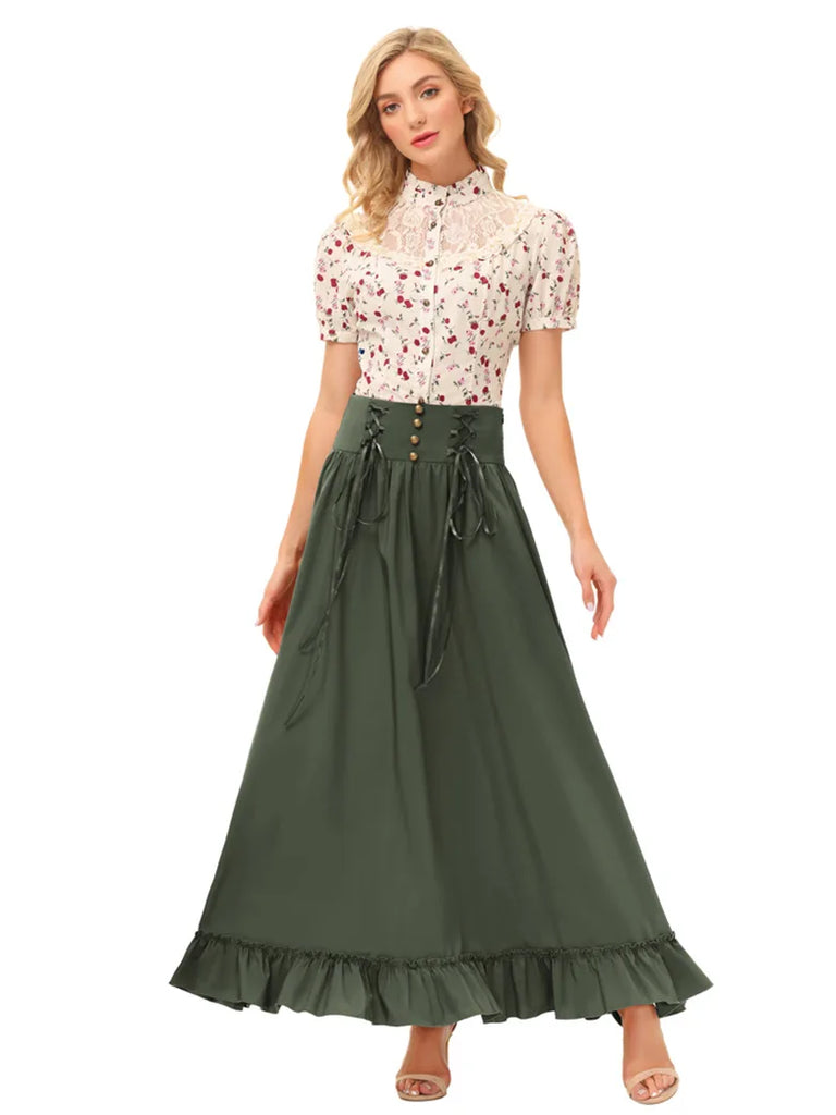 Victorian Smocked Back Ruffled Hem Flared A-Line Skirt Scarlet Darkness