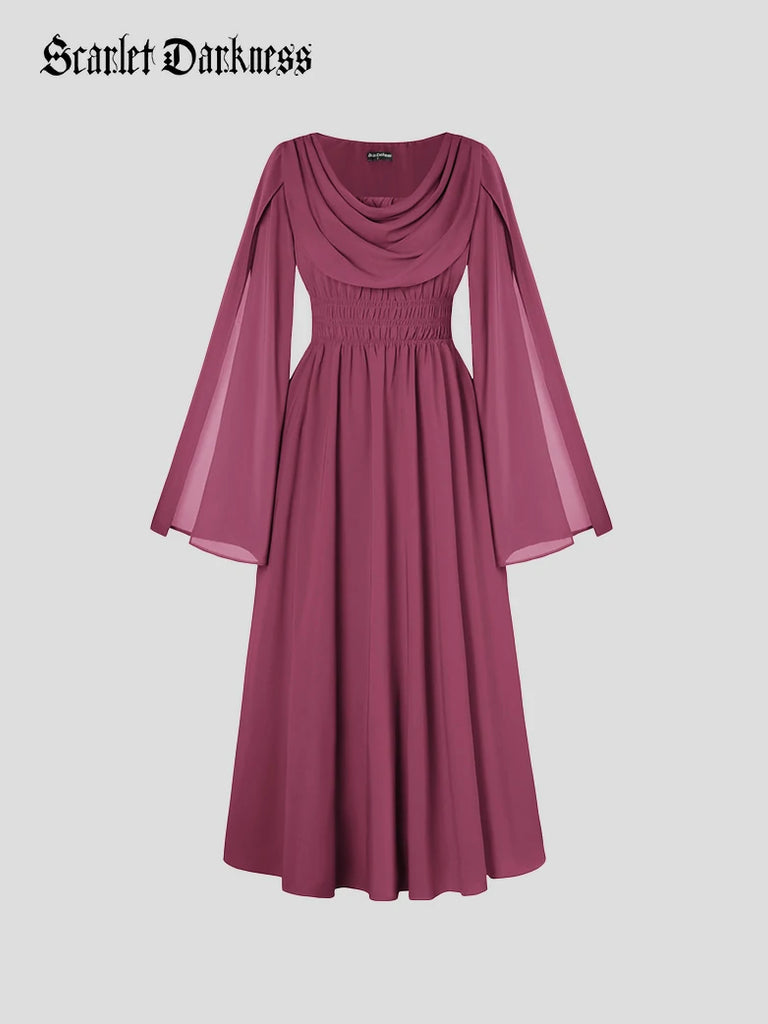 Scarlet Darkness Renaissance Fairy Slit Sleeve Draped Neck Pockets Dress Rose red
