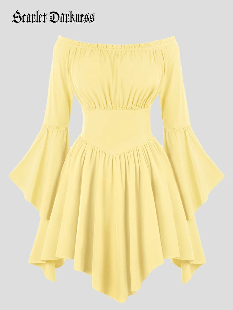 Scarlet Darkness Renaissance Off Shoulder Witch Cosplay Pocket Dress Yellow