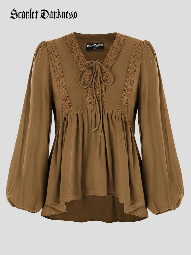 Scarlet Darkness Casual Renaissance Embroidered Long Sleeve Tops Brown