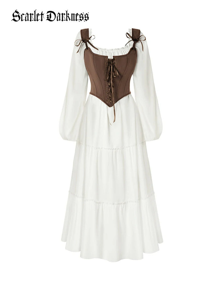 Scarlet Darkness Renaissance Costume Set Maxi Dress+Bones Corset Brown