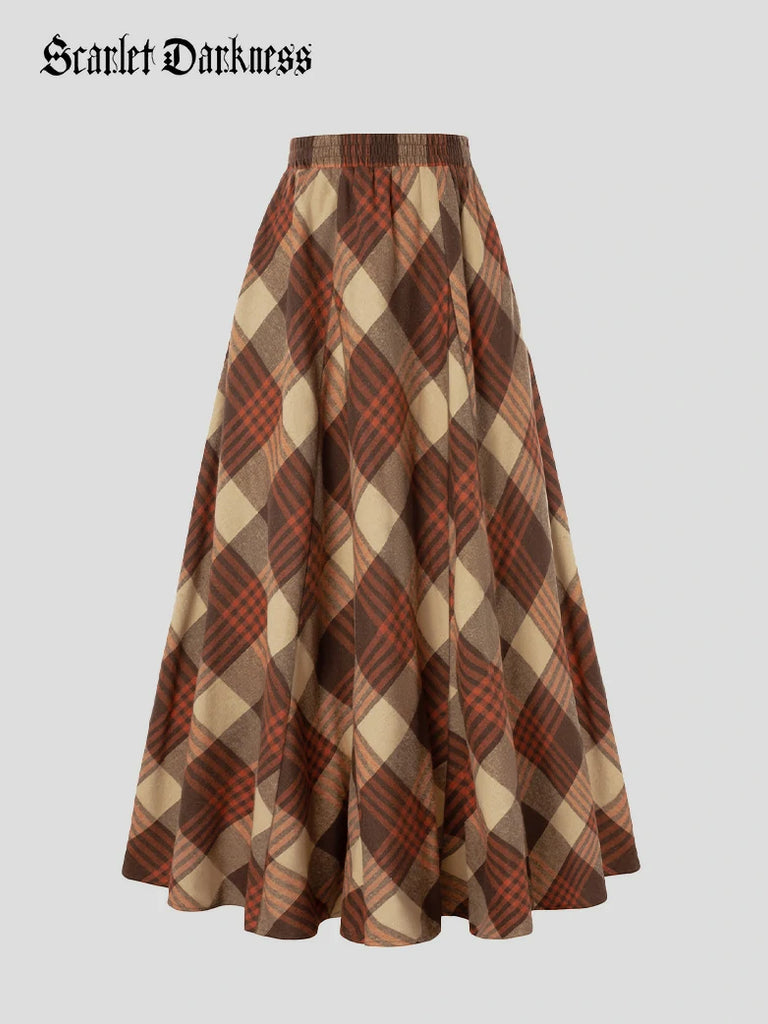 Scarlet Darkness 2025 Renaissance Cotton Plaid Swing Skirt with Pockets Orange