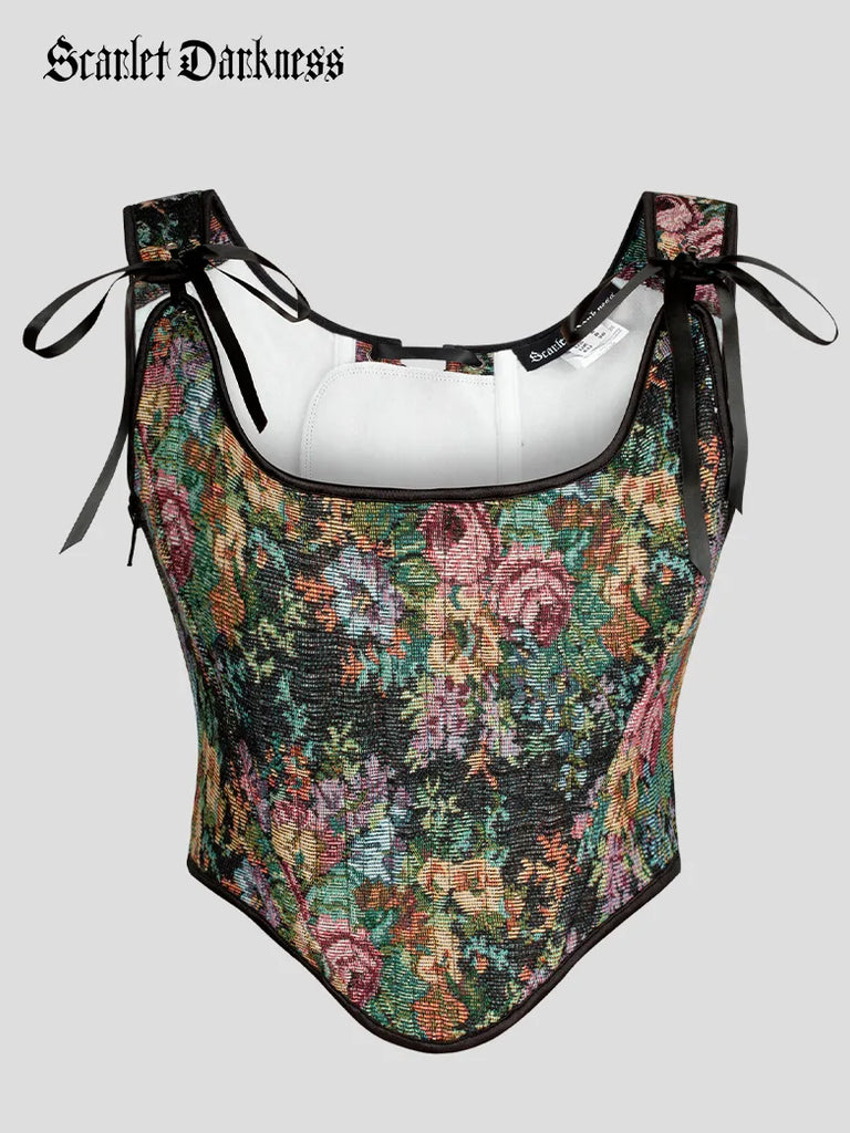 SCARLET DARKNESS Renaissance dameskorset, top met vintage bloemenprint, corsage, vest, zwart, 36 SCARLET DARKNESS Renaissance dameskorset, top met vintage bloemenprint, corsage, vest, zwart, 36