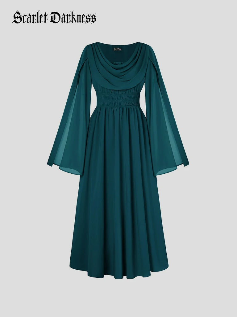 Scarlet Darkness Renaissance Fairy Slit Sleeve Draped Neck Pockets Dress Blue