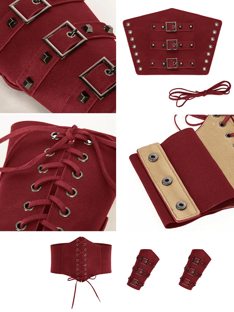 3 Set Medieval Corset Belt+Sleevelet Cincher Waistband SCARLET DARKNESS