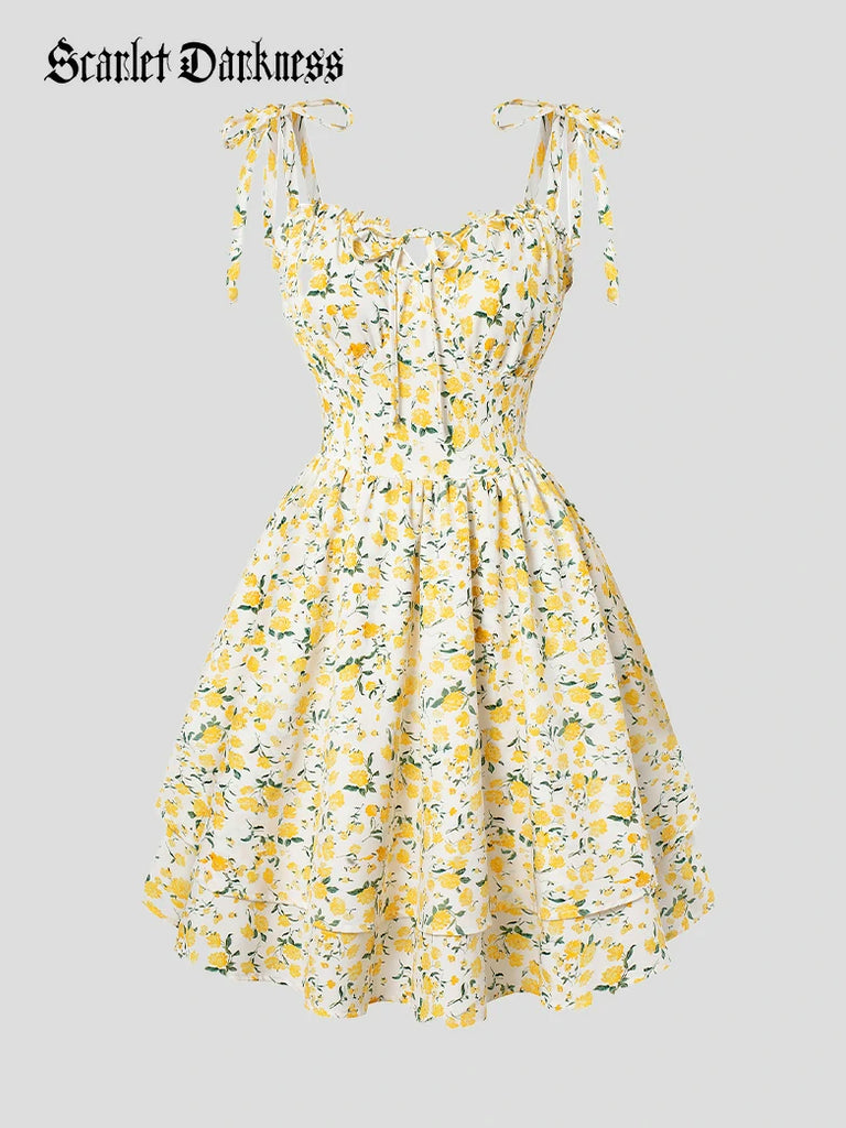 Scarlet Darkness Victoria Spring Ditsy Floral Fitted Dresses For Women Yellow
