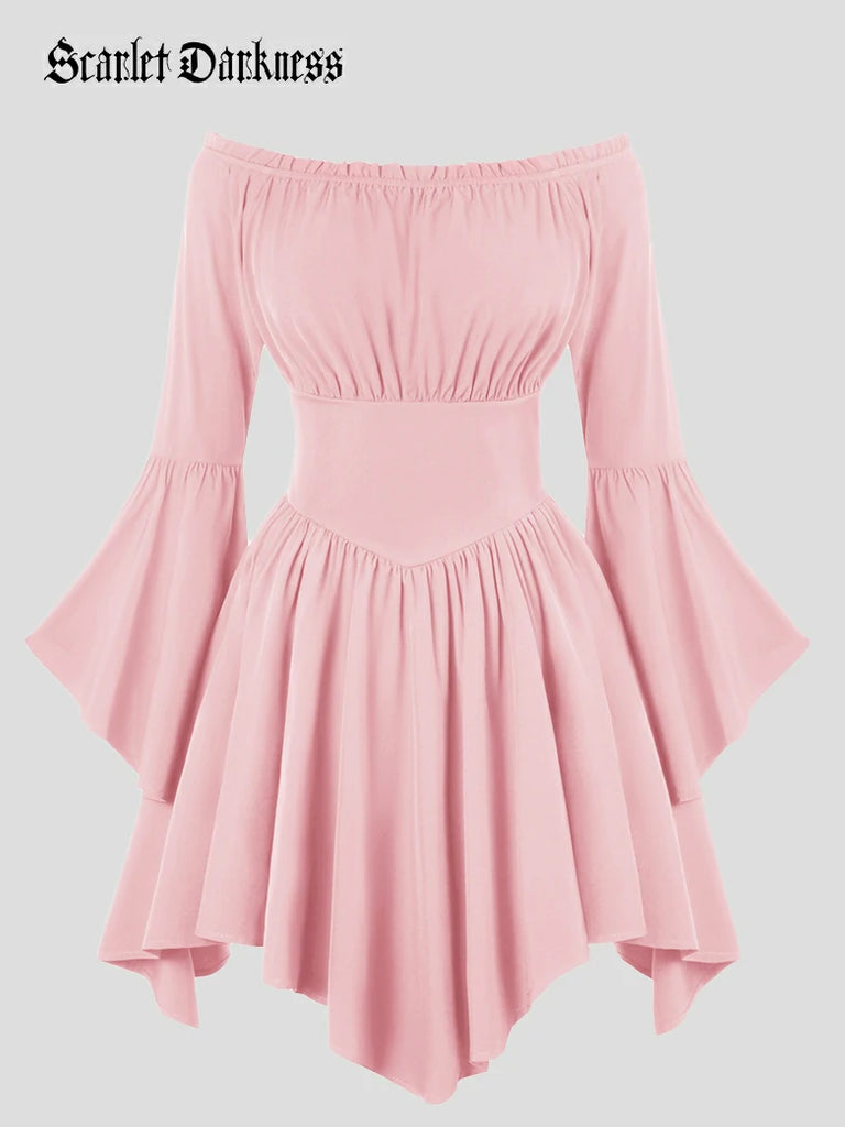 Scarlet Darkness Renaissance Irregular Hem Off Shoulder Pockets Dress Pink