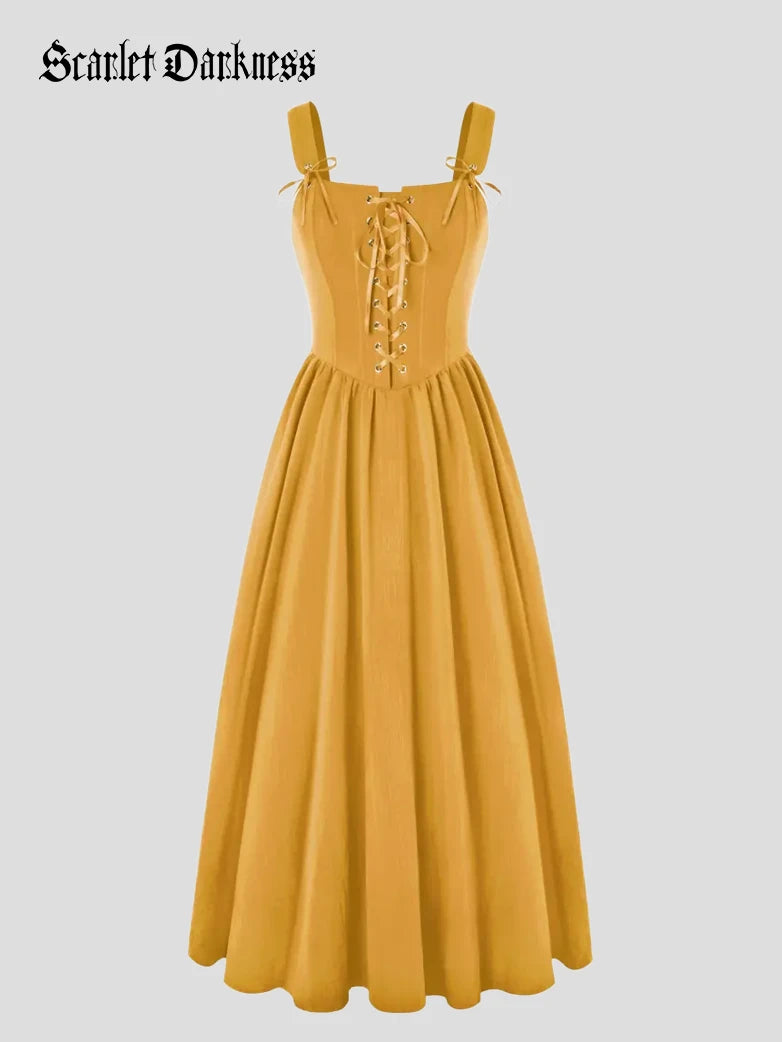 Scarlet Darkness Renaissance Wide Straps Bodice Flared Pockets Dress