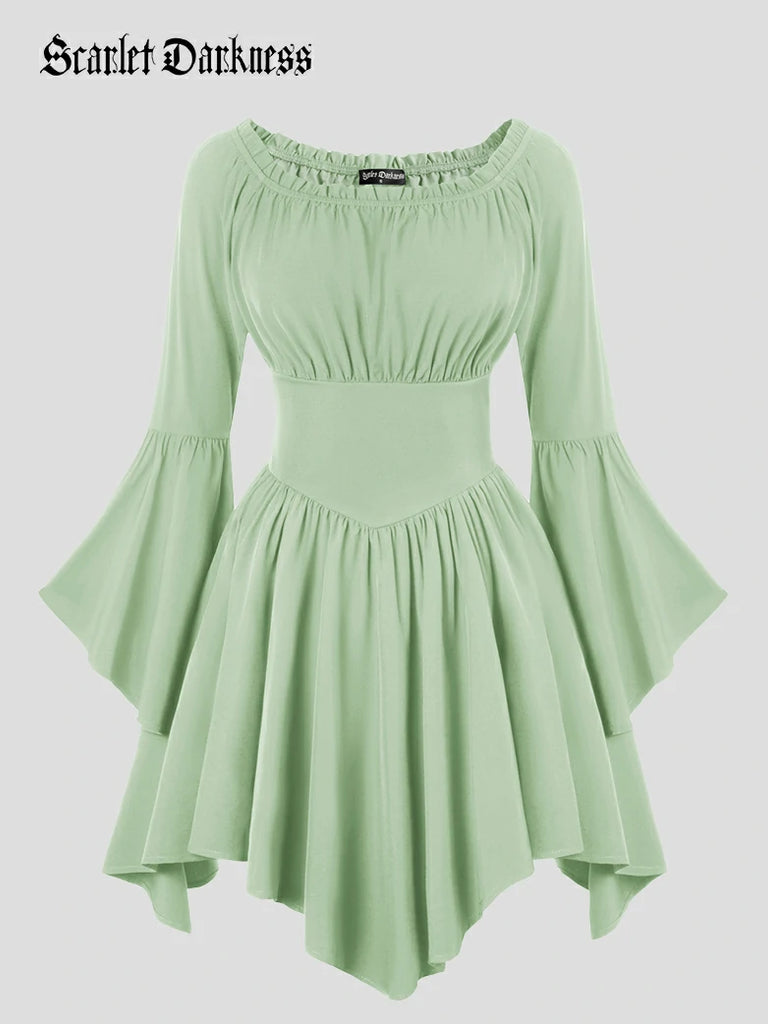 Scarlet Darkness Renaissance Irregular Hem Off Shoulder Pockets Dress Light green
