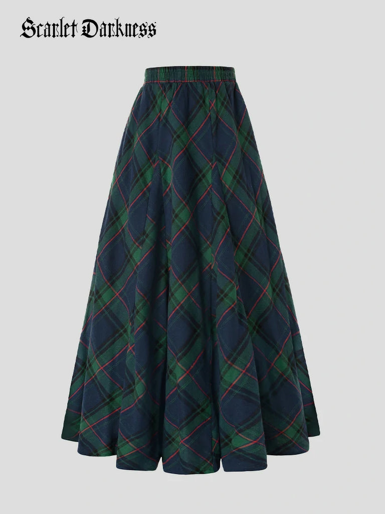 Scarlet Darkness 2025 Renaissance Cotton Plaid Swing Skirt with Pockets Blue