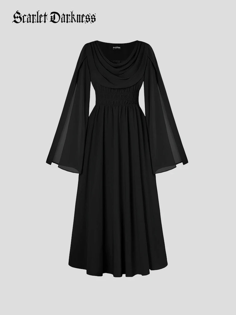 Scarlet Darkness Renaissance Fairy Slit Sleeve Draped Neck Pockets Dress Black