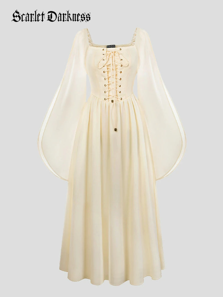 Scarlet Darkness Renaissance Corset Dress Contrast Slit Sleeve Pocket Dress Apricot