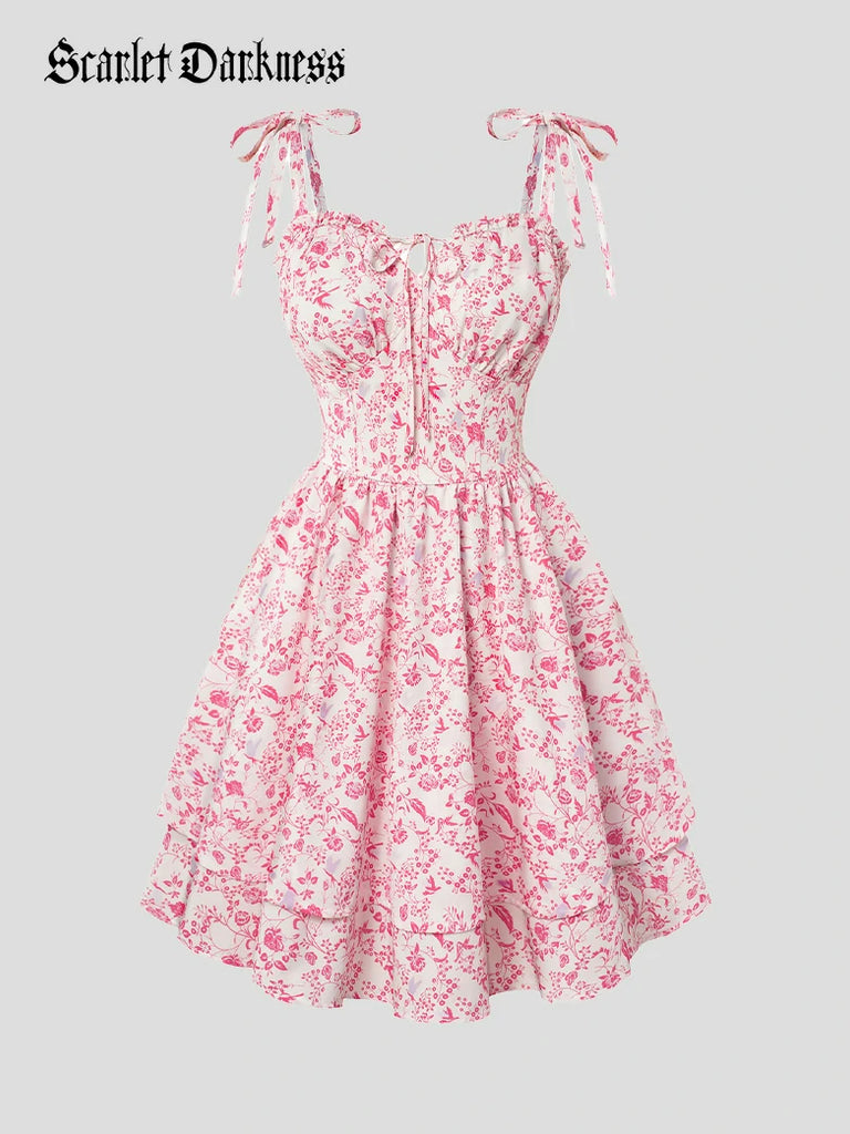 Scarlet Darkness Victoria Spring Ditsy Floral Fitted Dresses For Women Pink