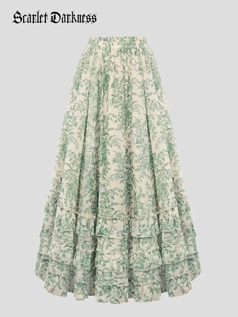 Scarlet Darkness Renaissance Chiffon Swing Maxi Skirt with Pockets Green