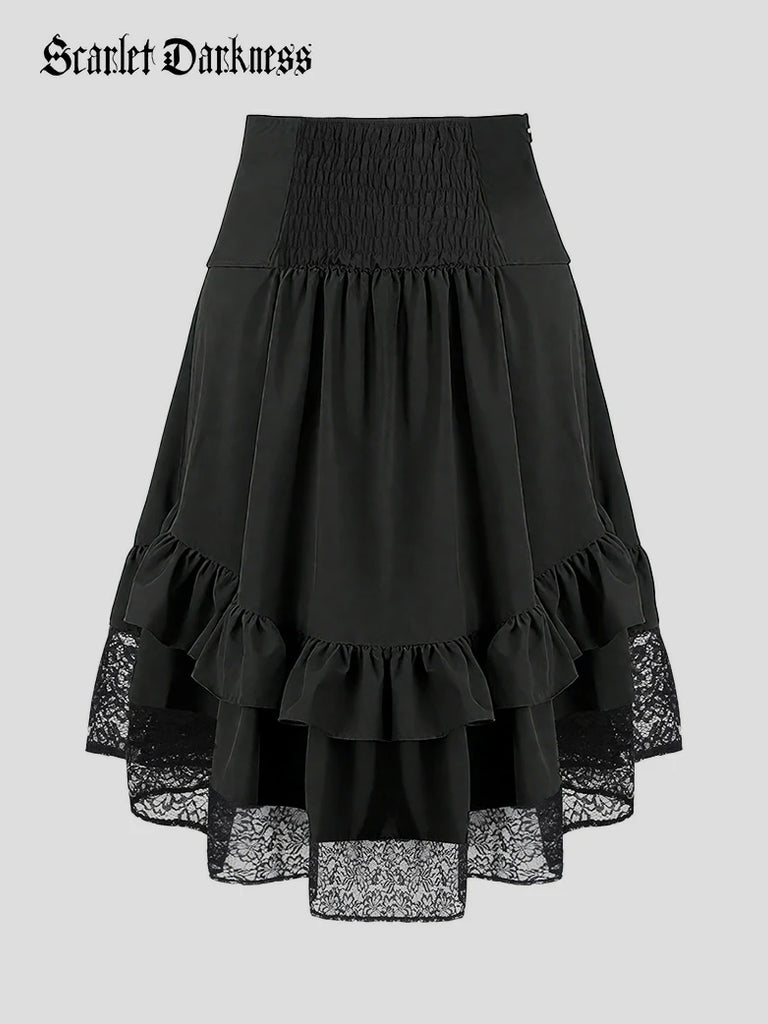 Scarlet Darkness Women Punk High-Low Ruffled Midi Witch Skirt