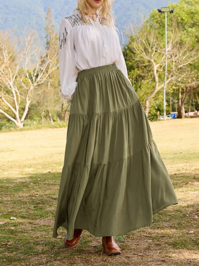 Tiered Elastic High Waist Swing Skirt with Pocket SCARLET DARKNESS