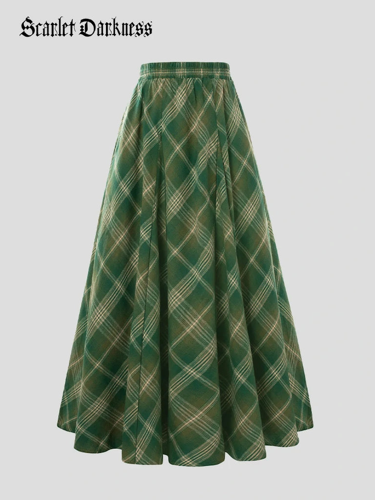 Scarlet Darkness 2025 Renaissance Cotton Plaid Swing Skirt with Pockets Green