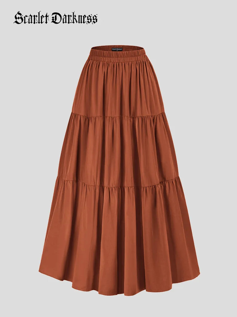 Tiered Elastic High Waist Swing Skirt with Pocket Scarlet Darkness