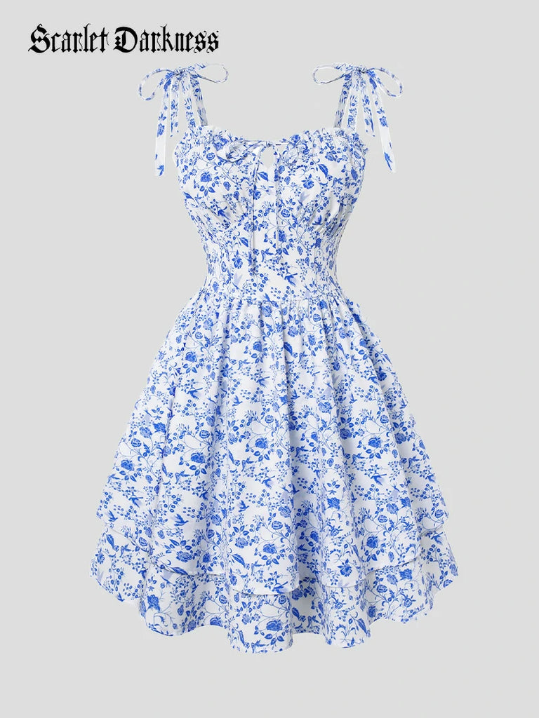 Scarlet Darkness Victoria Spring Ditsy Floral Fitted Dresses For Women Blue