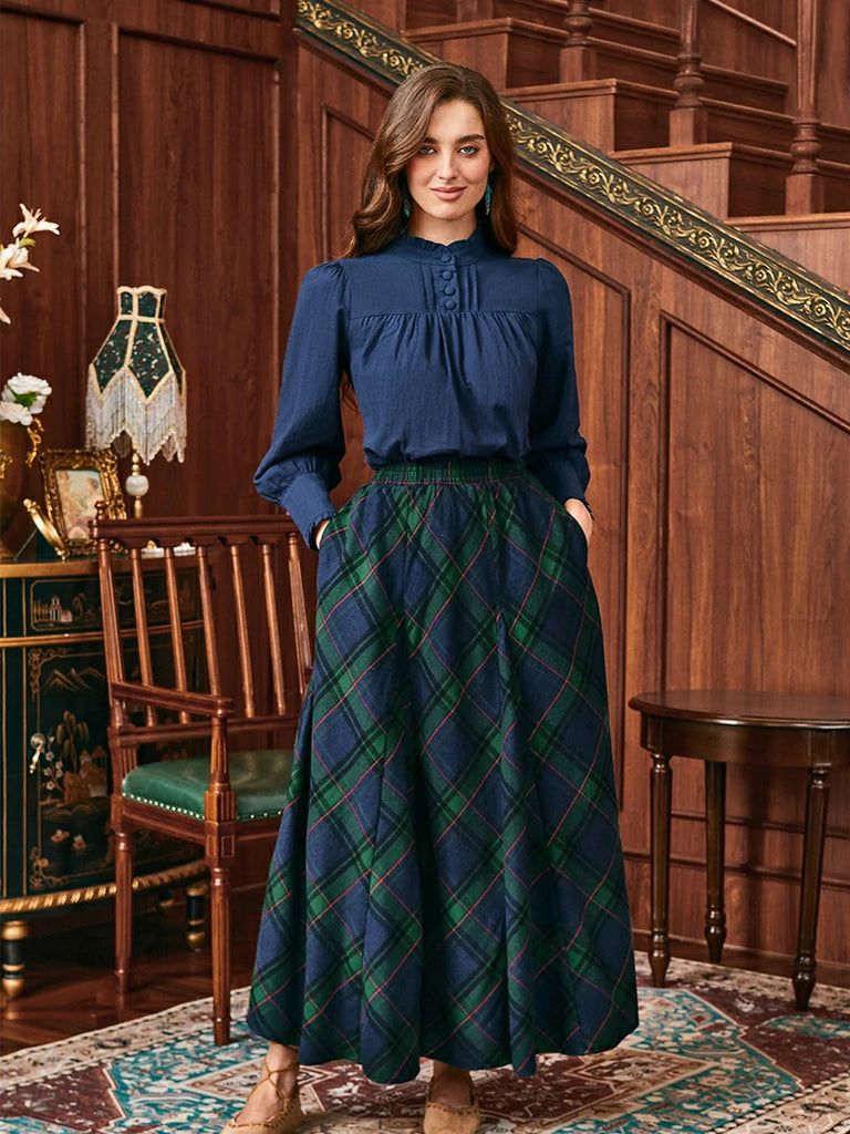 Scarlet Darkness 2025 Renaissance Cotton Plaid Swing Skirt with Pockets