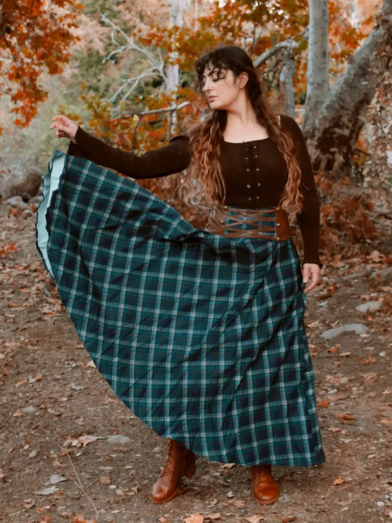 Plaided High Waist Buttons Decorated A-Line Skirt SCARLET DARKNESS