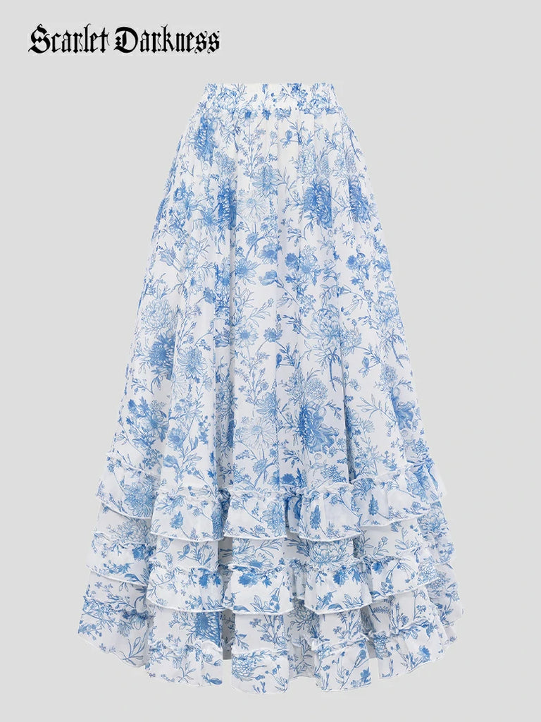 Scarlet Darkness Renaissance Chiffon Swing Maxi Skirt with Pockets Blue