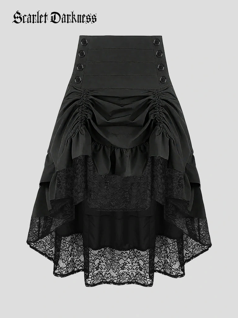 Scarlet Darkness Women Punk High-Low Ruffled Midi Witch Skirt Black