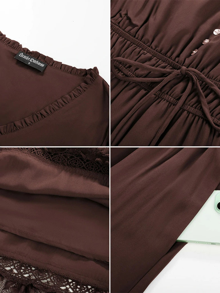 Scarlet Darkness Brown Renaissance Lace Hem Pockets Maxi Dress