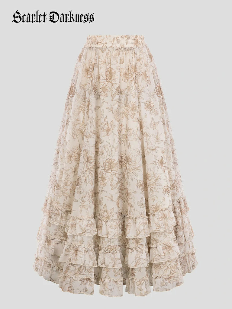 Scarlet Darkness Renaissance Chiffon Swing Maxi Skirt with Pockets Light brown