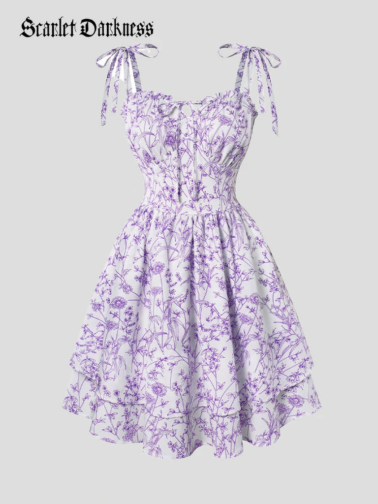 Scarlet Darkness Victoria Spring Ditsy Floral Fitted Dresses For Women Purple