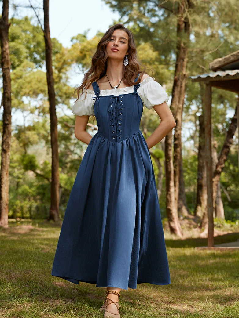 Scarlet Darkness Renaissance Wide Straps Bodice Flared Pockets Dress