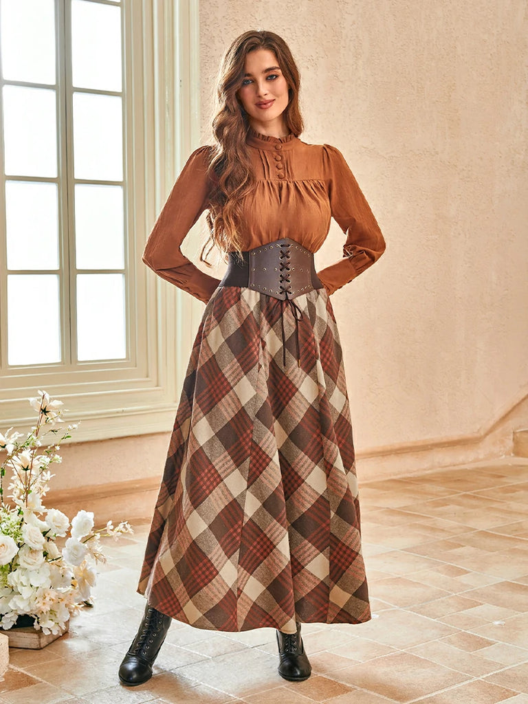 Scarlet Darkness 2025 Renaissance Cotton Plaid Swing Skirt with Pockets
